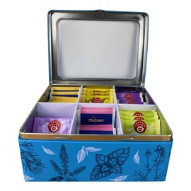 MediMuc Tea Bag Box, Blue, Rectangular Tea Bag Tin with Hinged Lid and Viewing Window, Matte with Partial Shiny Lacquer on the Tea Herb Motifs, Tea Box, Tea Canister