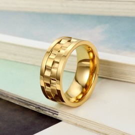 Flongo 9 mm Stainless Steel Ring Band Gold Golden Engraved Engraving Wave Design Rotating Charm Charm Elegant Men 54-71 mm, Stainless Steel, No information