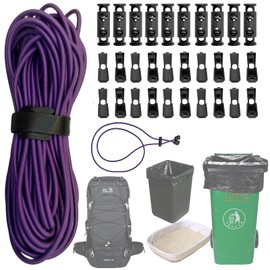 Garbage Bin Belt with DIY Set, 11-Yard 1/8-inch Multifunctional Elastic Rope Set - 10 pcs Double-Hole Spring Locks + 20 pcs Cord Ends | Trash Can Fixing/Beach Towel Straps/DIY Sewing