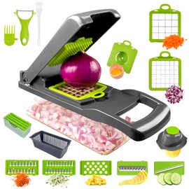 Tryslyn 16 in 1 Vegetable Slicer, Vegetable Slicer, Multifunctional Dice Cutter with Drain Basket, Transparent, Stainless Steel Blades, Mandolin Cutter for Cucumber, Potato, Carrot, Slice Filament