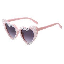 Long Keeper Retro Heart Sunglasses Bride to Be Women's Sunglasses with Pearls Party Bachelorette Heart Shape Glasses Vintage Heart Glasses UV400 Protection, Pink Frame - Grey Gradient Lens