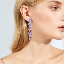 EVER FAITH Wedding Rhinestone Crystal Chandelier Dangle Earrings for Women Brides, Art Deco Marquise Teardrop Bridal Long Drop Ear Accessory for Prom Light Purple Gold-Tone