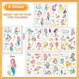 Rusoz Mermaid Tattoo Children, 8 Sheets Metallic Tattoos Children Waterproof Safe and Durable Tattoos Children Skin-friendly Girls Display for Outdoor, Parties with Friends, etc.