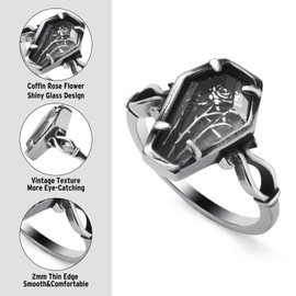 KIRTIJW Mens Coffin Rings Stainless Steel Gothic Punk Goth Vampire Rose Flower Coffin Ring Jewelry for Men Women Size 11