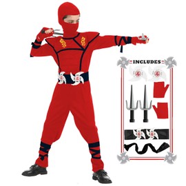 SATKULL Ninja Costumes for Kids Muscle Ninja Costume with Ninjas Accessories Toys Best Children Gifts(Kids-XL-10/12T Red)