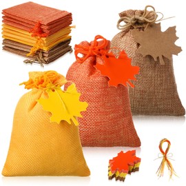 Wesnoy 24 Set Fall Burlap Gift Bags with Drawstring Small Treat Bags with Maple Leaf Tags Jute Rope 4" x 5.5" Orange Yellow Brown Sack for Autumn Thanksgiving Wedding Birthday DIY Craft Party Supplies
