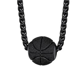 Black Basketball Necklace for Men Boy Black Metal Plated Stainless Steel Ball Pendant Charm Sports Necklace for Athlete Sport Fans, with 22inch+2inch Gold Plated Spiga Chain