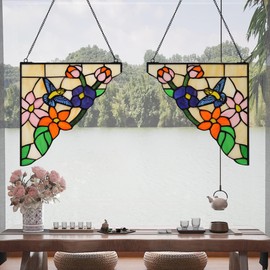 YOURANJU Stained Glass Window Hanging 2 Pieces 10” Triangle Tiffany Animal Style Windows Suncatcher Hummingbird Glass Window Panel Perfect Window Hangings Housewarming Gift (with Chain Hook)