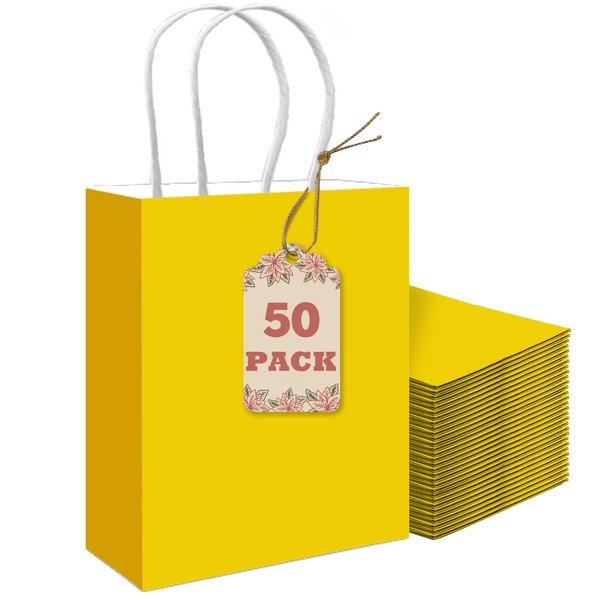 qiqee 50-Packs Gift Bag with Handles Bulk Bright Yellow Paper