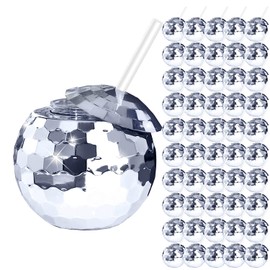 ZHURUININ 50 PCS Disco Ball Cups, 20Oz Disco Party Cups with Lid and Reusable Straw Flash Ball Cocktail Cup for Party Nightclub Bar Supplies Wine Drinking Syrup Tea Bottle (Sliver 50 Pieces)
