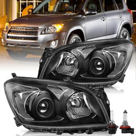 Aosky Halogen Model Headlight Assembly Compatible with 2009 2010 2011 2012 Toyota Rav4, Black Housing with Clear Reflector, with Bulbs
