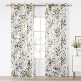 MYSKY HOME Curtains for Living Room Semi Sheer 84 inch Length Light Filtering Privacy Protect Drapes Set Linen Blended Texture Soft Touch Leaves Pattern Treatment, 52" Wide, Yellow and Blue, 2 Panels