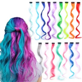 Curly Wavy Colored Hair Extension Rainbow Multi Colors Clip in on Colorful Hairpieces, Party Highlights Synthetic Hairpiece for Girls Kids Women 16Pcs