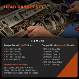 Head Gasket Set Compatible with Hyundai 2011-2020 Elantra GT Coupe Tucson 1.8 2.0, for Kia 2012-2018 Forte Koup Soul Forte5 1.8L 2.0L Replace# HS26561PT HGS193 CPW13795 22311-2E000