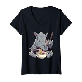 Womens Rhino Ramen Bowl Artwork Rhino Noodle Art Japanese Noodles V-Neck T-Shirt