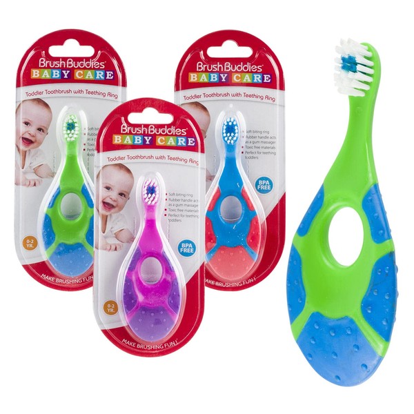 Aeiniwer Baby Beginner Toothbrush for Baby, boy, and Girl. Learning Toothbrush with Bottom Suction Cup for Infants, Toddlers, and Children. (Orange/Green/Yellow) - 3pk