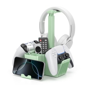KDD Dual Controller Holder with Headphone Stand - Multi-Functional Desk Storage Box with Phone Holder - Universal Controller Stand with Desktop Organizer for Remote Control Pen Accessories(Green)