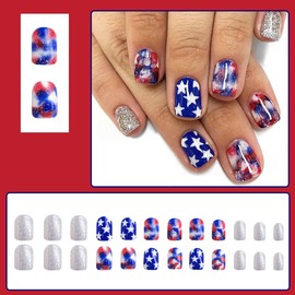 24Pcs Independence Day Press on Nails Short Fake Nails with Glitter Starry Sky Blooming Design Glue on Nails Full Cover Stars False Nails 4th of July Artificial Nails for America Women Patriotic Nails