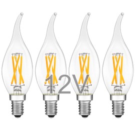 TOKCON 12V E12 LED Light Bulbs - Soft Warm 2700K 4W (Only for 12 Volt DC/AC)- Small Candle Base - 40W Equivalent Flame Tip Low Voltage LED Candelabra Bulb for RV, Camper, Boat - 4 Pack