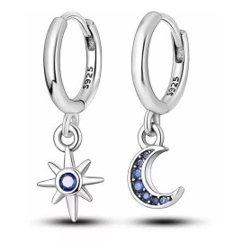 PMX Aretes Plata S925, Luna Y Estrella, Pavé De Zirconias, Hoops