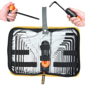 KOOPOOL 27PCS Allen Wrench Hex Key Set, Long Arm Ball End Hex Key Set, Metric & SAE, CR-V Steel with T Handle and Waterproof Storage Pouch