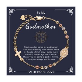 14K Gold Plated Rosary Bracelet for Women-Virgin Mary Decade Rosary Beads Cross Charm, Dainty Virgen de Guadalupe Bracelets Religious Catholic Gifts for Confirmation Baptism Godmother with Card,