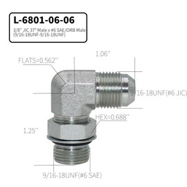 5 PACK 3/8" JIC 37° Male x #6 SAE/ORB Male Corner/Elbow Hydraulic Adapter Fitting | L-6801-06-06