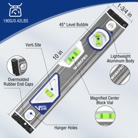WORKPRO 10 Inch Torpedo Level, Small leveler tool with 3 Different Bubbles 45°/90°/180°, bubble level With Shock Absorbing End Caps, V-Groove for Conduit Bending, Silver/White/Blue