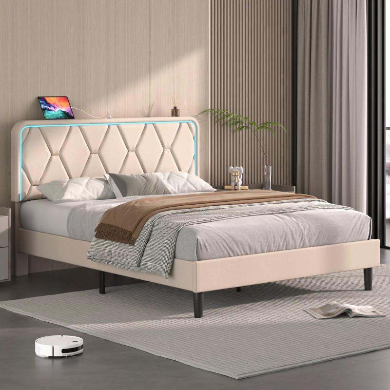 Vecelo Bed Frame with LED Light USB Ports Queen Full