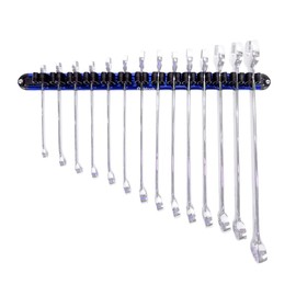 Olsa Tools Wall Mount Wrench Organizer - Rotating Clip Rack for 14 Wrenches - Blue Anodized Aluminum with Black Clips - Space Saving Tool Holder - Professional Grade Storage Solution - Part: 1029