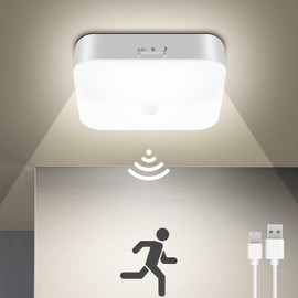 WhitePoplar Luz de armario recargable con sensor de movimiento, luz de techo recargable con batería, inalámbrica, 500 lúmenes, luz activada por movimiento inalámbrico para ducha, escaleras, pasillo