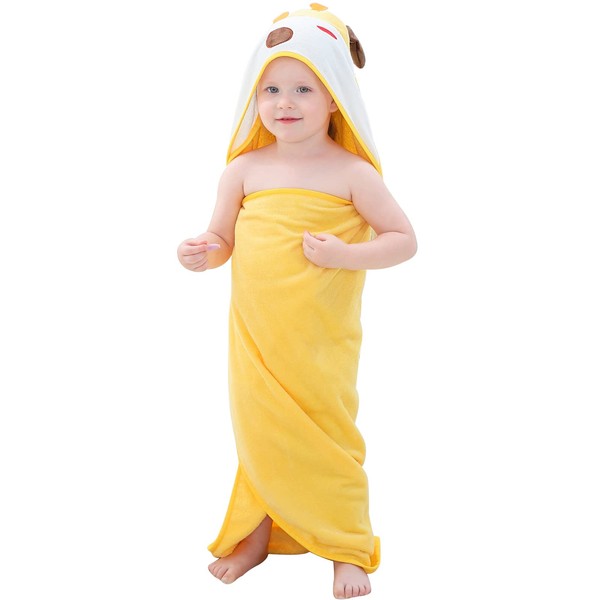 COOKY.D Hooded Baby Bath Towel 100% Soft Cotton Kids Towelling Bathrobe for Girls Boys, 0-6 Years Old, 90 x 90cm, Yellow Giraffe