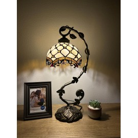 enjoy decor lamps Tiffany Table Lamp Beige Stained Glass Crystal Beans Iron Metal Leaves Bronze Base Included LED Bulb Vintage for Living Room Dining Room Bedroom Bedside Office Hotel H21