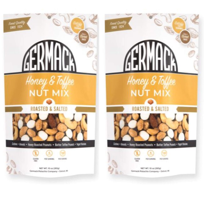 Germack Pistachio Company, Honey Nut & Toffee Snack Mix, Yogurt Raisins, Butter Toffee Peanuts, Honey Roasted Peanuts, Almonds, Cashews, 10oz Bag, Set of 2