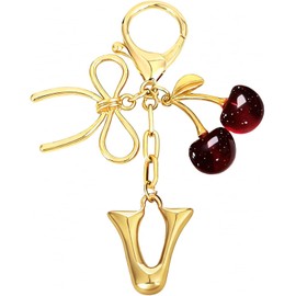 Llaveros con iniciales doradas, llavero de cereza, bolso de cereza, para mujer, dijes para bolsos, bolsas doradas, carteras, accesorios para mujeres, llavero de letra V