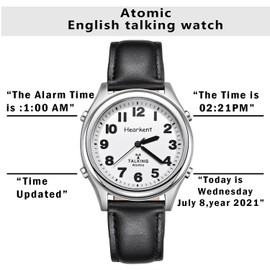 Hearkent Radio Controlled Talking Watch with Black Leather Strap British English Speaking for Blind People and Visually Impaired Elderly (Leather Band)