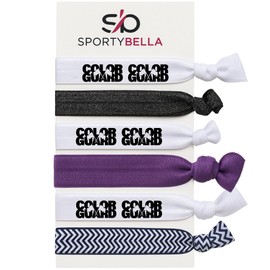 Color Guard Hair Ties Set – 6pc Elastic No-Crease Ponytail Holders with Purple Accent, Black Glitter Band, Bold Logo Print and Chevron Design, SportyBella Accessories for Girls and Marching Band Gifts