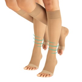 CALZITALY Pack of 1/2 Toe Free Support Stockings with Strong Graduated Compression 18-22 mm/Hg Compression Stockings Open Toe 140 Denier Made in Italy, 2 Pack - Skin Color