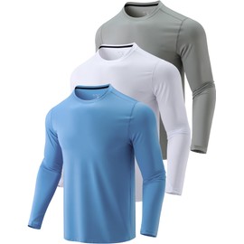 3 Pack: Men's Long Sleeve T Shirts, Dry Fit UV Sun Protection Outdoor Hiking Athletic Active Tops with Thumb Holes (Set 7, Large)