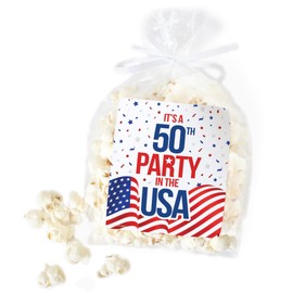 DISTINCTIVS Red White and Blue 50th Birthday Party Favor Popcorn Bag and Chip Bag Stickers - 32 Count, Patriotic Birthday Party Supplies