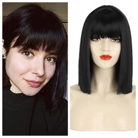 Greenmirr Short Straight Black Bob Wigs with Fringe Heat Resistant Synthetic Hair 12 Inches (Solid Black)