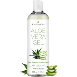 KinRose Care, Gel de Aloe Vera Orgánico de 12 oz para Rostro, Piel, Cabello y Alivio de Quemaduras Solares - De Aloe Vera 100 Por Ciento Puro - Prensado en Frío, Vegano, Sin Fragancia - Hecho en EE.UU
