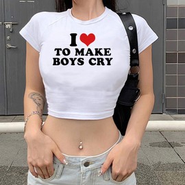 Tuislay Cute Baby Tees for Women I Love to Make Boys Cry Y2k Shirt Crop Tops Aesthetic Clothes Streetwear Summer T-Shirt (White,M,Medium)