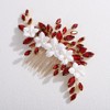 Teyglen Floral White Flower Hair Comb with Red Rhinestone Wedding
