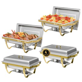 IMACONE Chafing Dish Buffet Sets of 4, 8QT Stainless Steel Rectangular Chafers and Buffet Warmer Sets for Catering, with Food & Water Pan, Lid, Gold Foldable Frame, Fuel Holder for Event Party Holiday