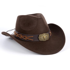 Ausune Cowboy Hat for Women and Men Western Suede Hat Wide Brim Cowboy Cowgirl Hat (Brown)