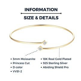 DINCEY Moissanite Bangle - 18K Gold Plated, 925 Sterling Silver Bracelet - 7" or Below Wrist - Minimalistic Dainty Jewelry - Thin Gold Cuff