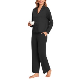 Famulily Womens Button Down Pajamas Set Long Sleeve Casual Nightshirt and Lounge Pants Spring 2 Piece Soft Pj Set Black L