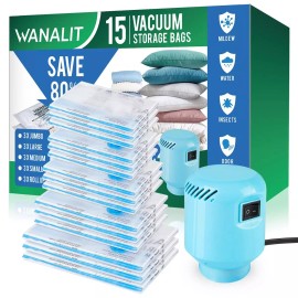 WANALIT Vacuum Storage Bags with Electric Air Pump 15 Pack (3 Jumbo 3 Large 3 Medi