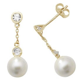 Classical 9ct Gold Ladies Drop Earrings with Cubic Zirconia/CZ, Freshwater Cultured Pearl - 20mm*6mm WJS270069KY